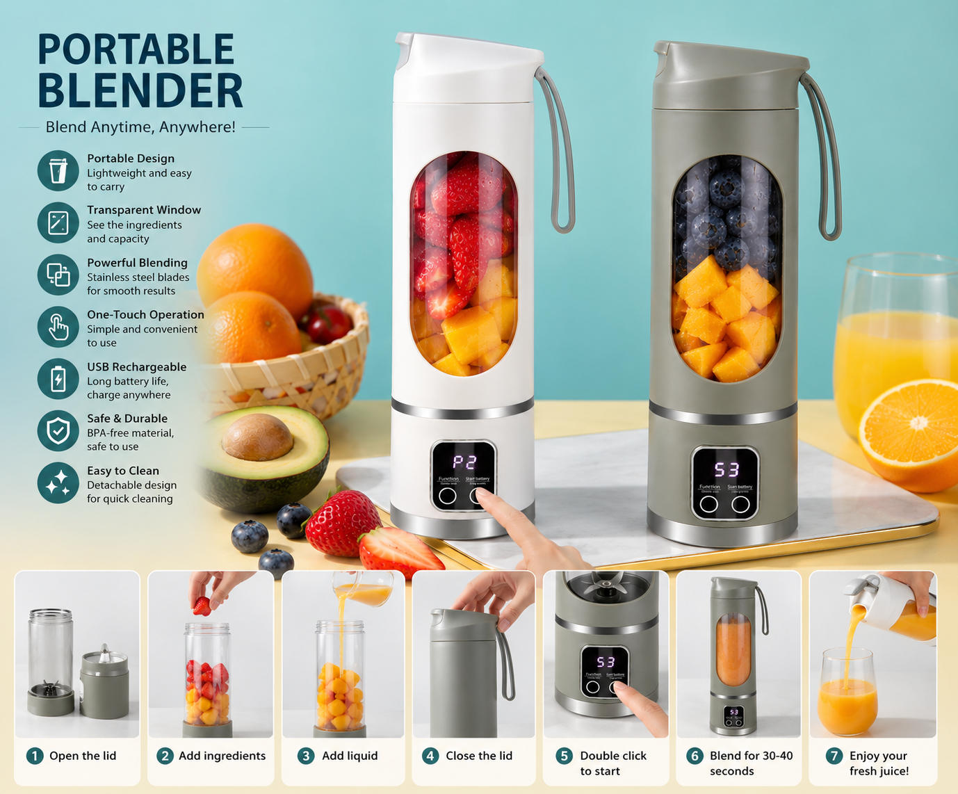 Portable Juicer – Rechargeable Mini Blender for Smoothies & Fresh Juice