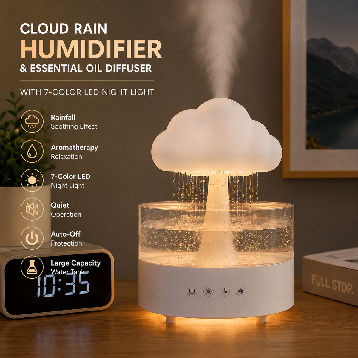 Cloud Humidifier – 3D Rain Cloud Aroma Diffuser with LED Ambient Light